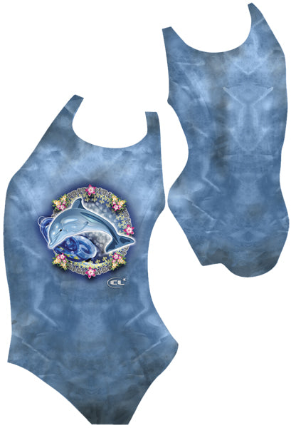 Dolphin chlorine-resistant girls swimsuit, ocean-inspired dolphin design, Canadian made activewear