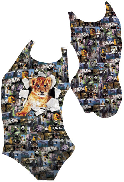 Wildlife chlorine-resistant girls swimsuit, cute baby tiger design, Canadian made activewear