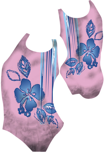 Lagoon chlorine-resistant girls swimsuit, tropical hibiscus Hawaiian design, Canadian made activewear