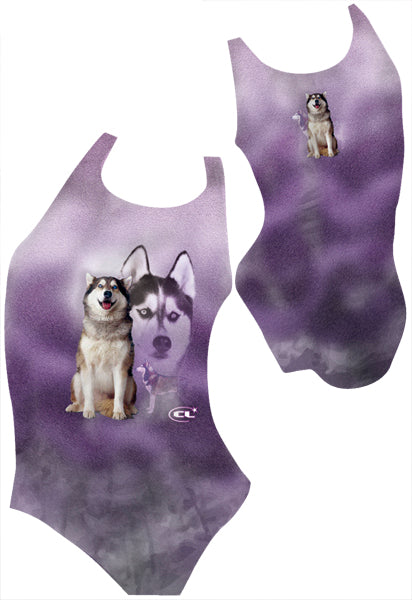 Huskies chlorine-resistant girls swimsuit, spirited husky dog design, Canadian made activewear