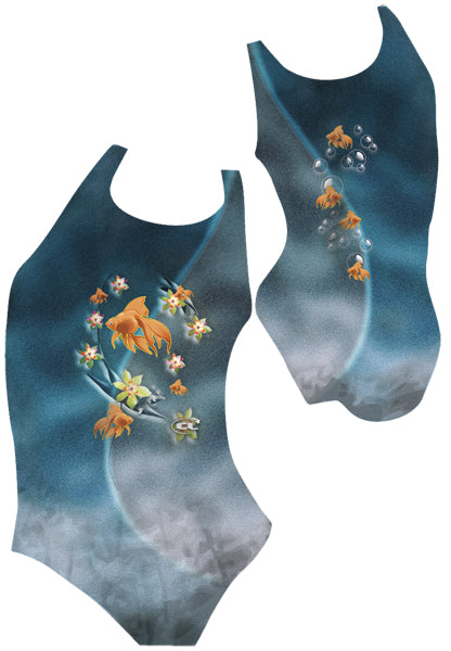 Bahamas chlorine-resistant girls swimsuit, island-inspired print, Canadian made activewear