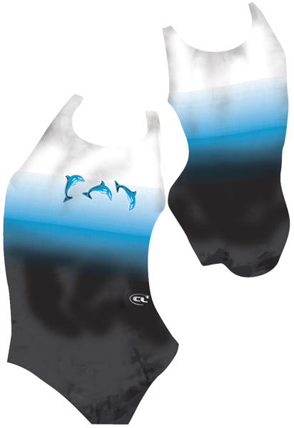 Flip chlorine-resistant girls swimsuit front and back view, jumping dolphin design, Canadian made activewear