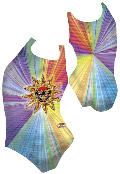 Sun chlorine-resistant girls swimsuit, bright colourful sun design, Canadian made activewear
