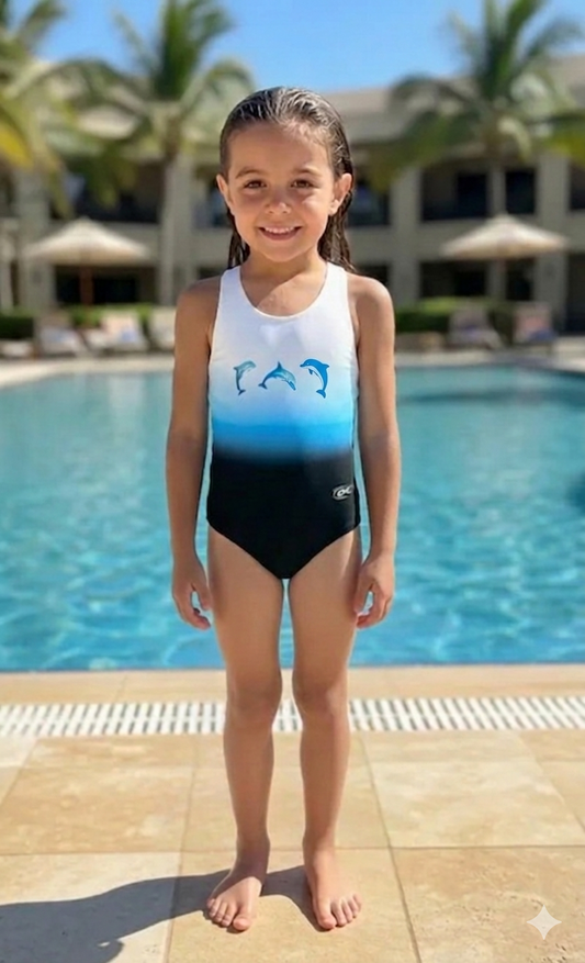 Flip girls one-piece swimsuit with three jumping dolphins print, model by pool, made in Canada