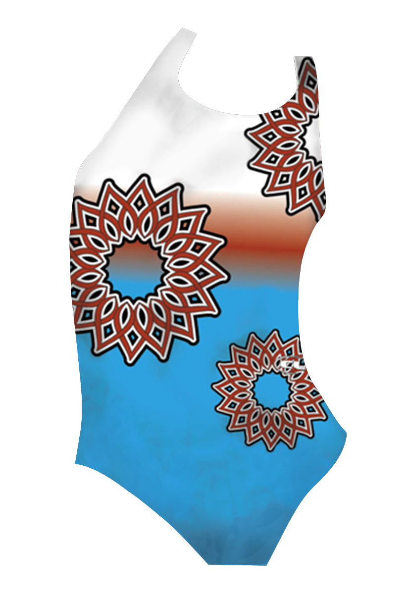 Focus girls swimsuit front view, vibrant art flower print, chlorine-resistant, made in Canada