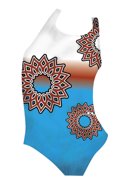 Focus girls swimsuit front view, vibrant art flower print, chlorine-resistant, made in Canada