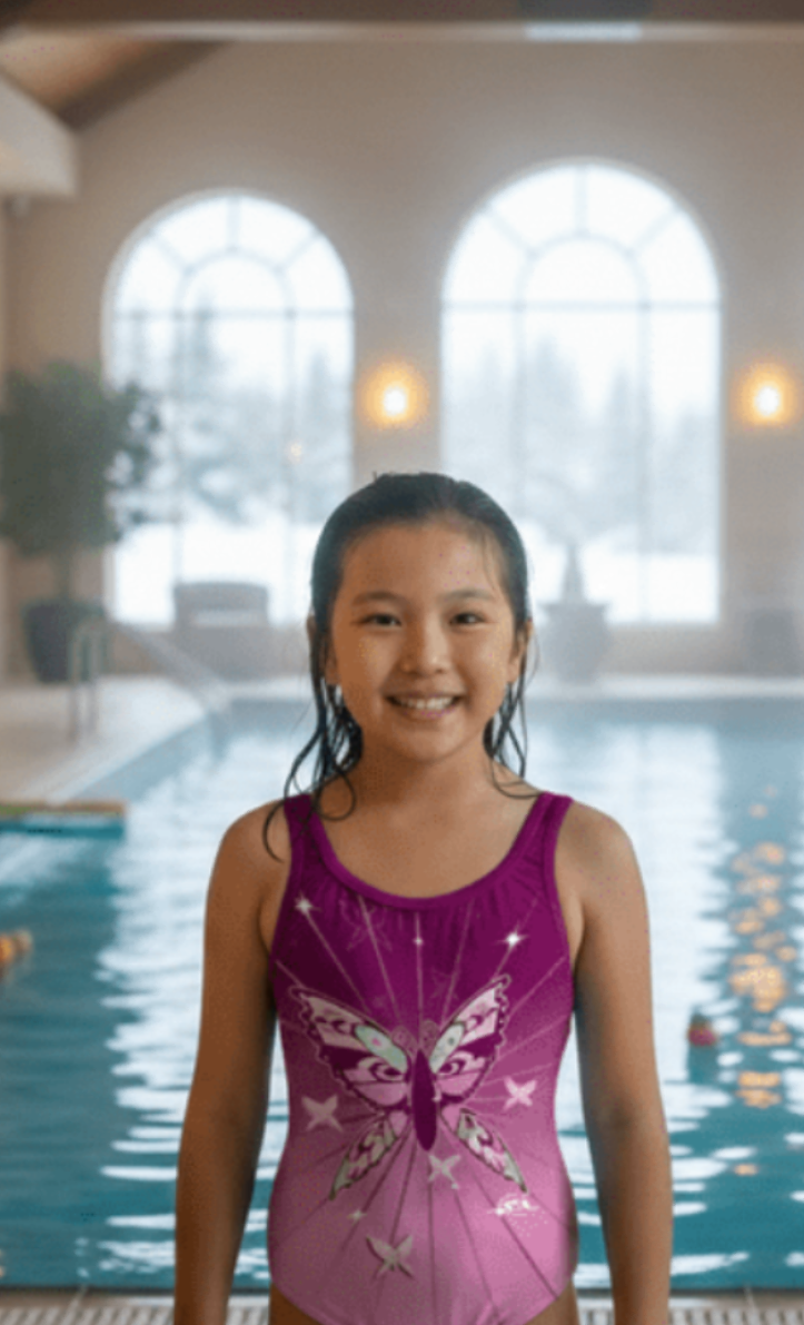 Monarch girls one-piece swimsuit with purple monarch butterfly print, model by indoor pool, made in Canada