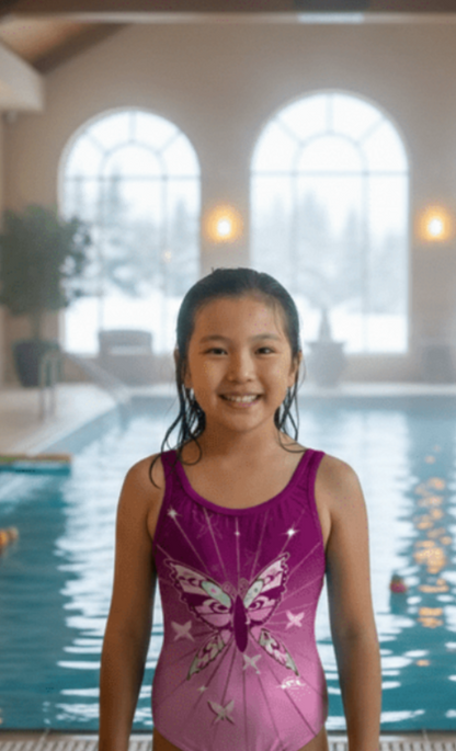 Monarch girls one-piece swimsuit with purple monarch butterfly print, model by indoor pool, made in Canada