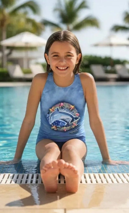 Dolphin girls one-piece swimsuit with blue ocean dolphin print, chlorine-resistant, made in Canada