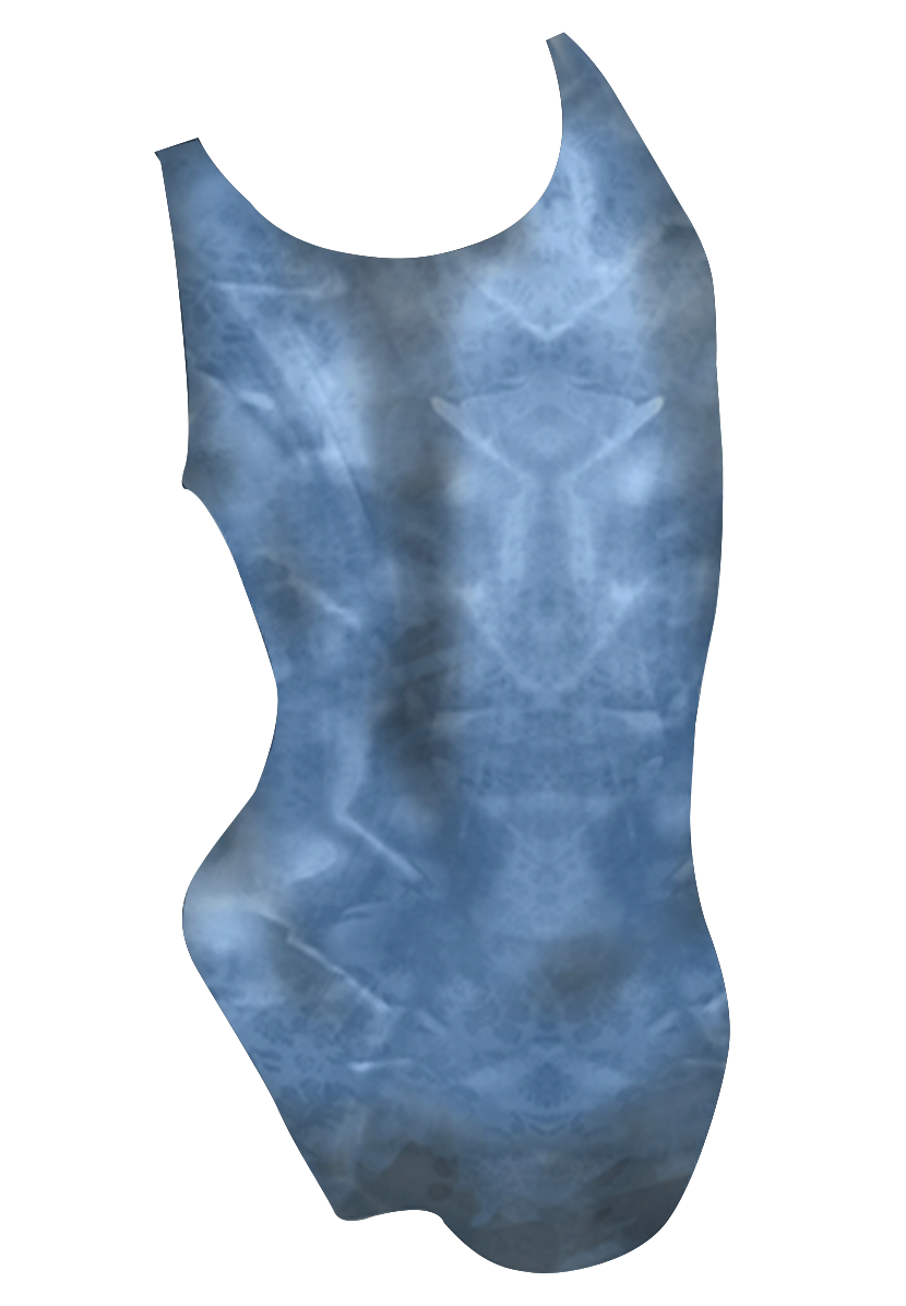 Dolphin girls swimsuit back view, blue ocean dye sublimation dolphin print, made in Canada