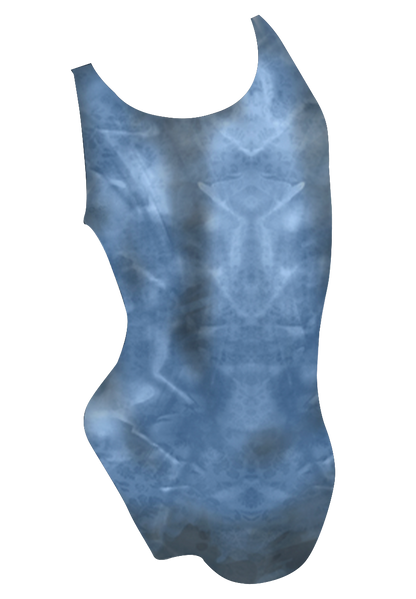 Dolphin girls swimsuit back view, blue ocean dye sublimation dolphin print, made in Canada