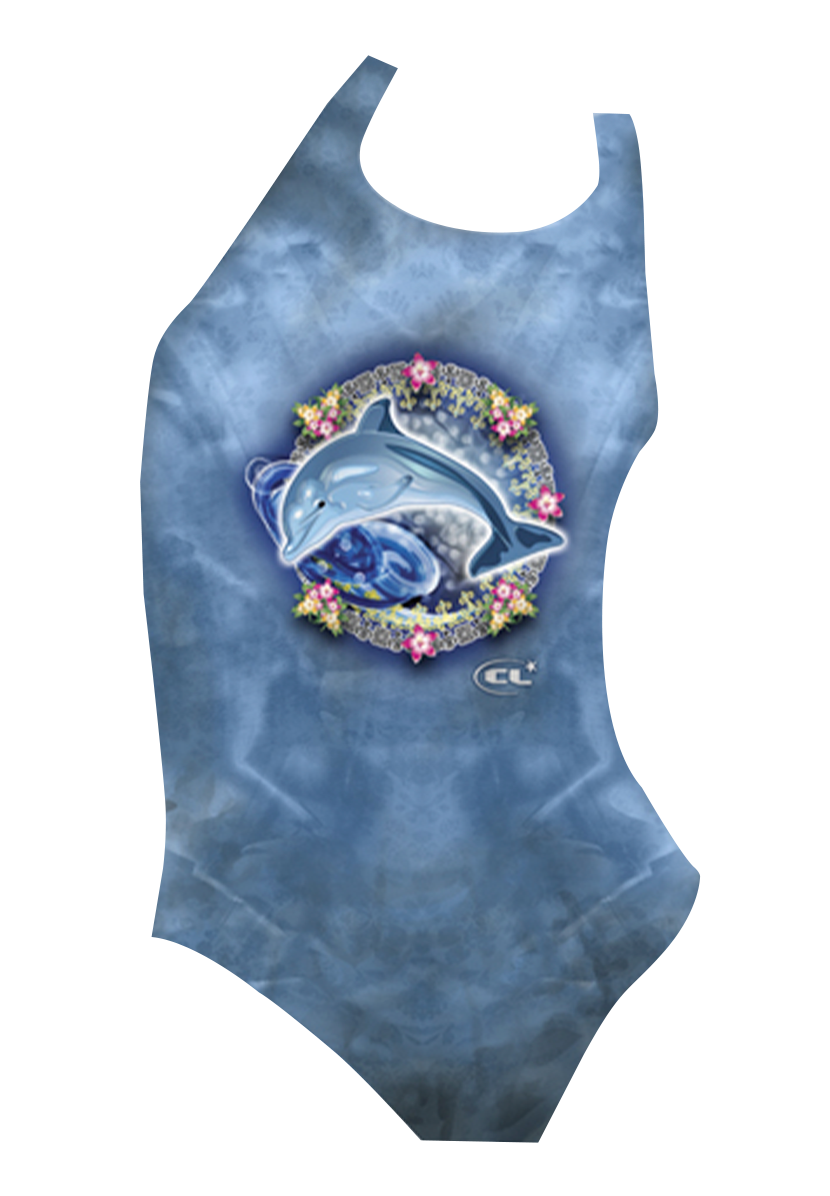 Dolphin girls swimsuit front view, vibrant blue dolphin print, chlorine-resistant, made in Canada
