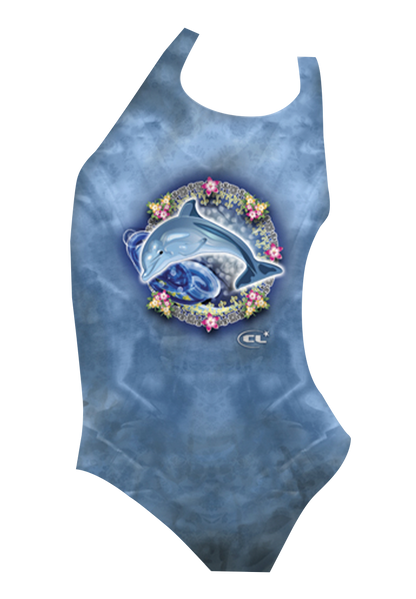 Dolphin girls swimsuit front view, vibrant blue dolphin print, chlorine-resistant, made in Canada