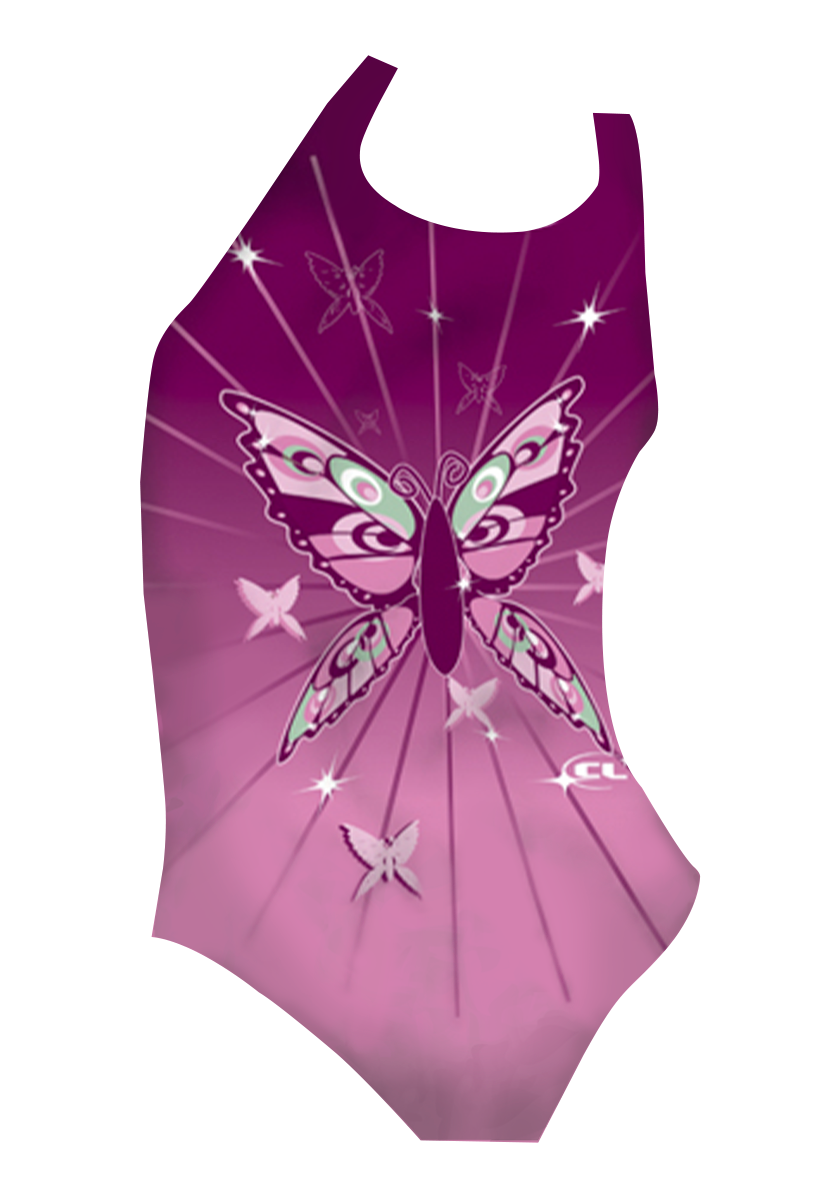Monarch girls swimsuit front view, vibrant purple monarch butterfly print, chlorine-resistant, made in Canada