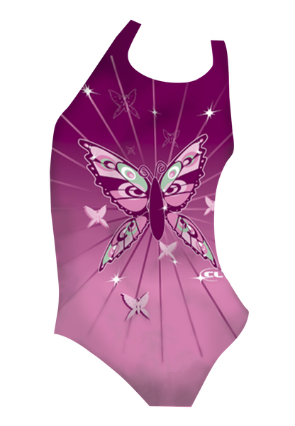 Monarch girls swimsuit front view, vibrant purple monarch butterfly print, chlorine-resistant, made in Canada