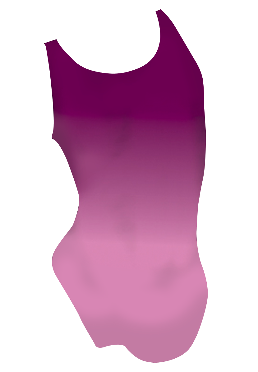 Monarch girls swimsuit back view, purple butterfly dye sublimation print, made in Canada