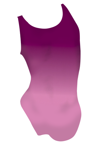 Monarch girls swimsuit back view, purple butterfly dye sublimation print, made in Canada