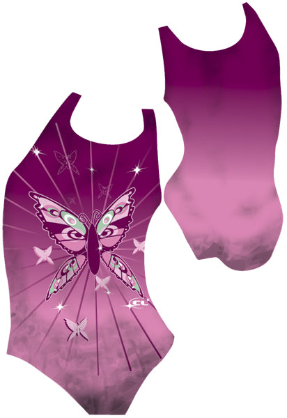 Monarch chlorine-resistant girls swimsuit, purple monarch butterfly design, Canadian made activewear