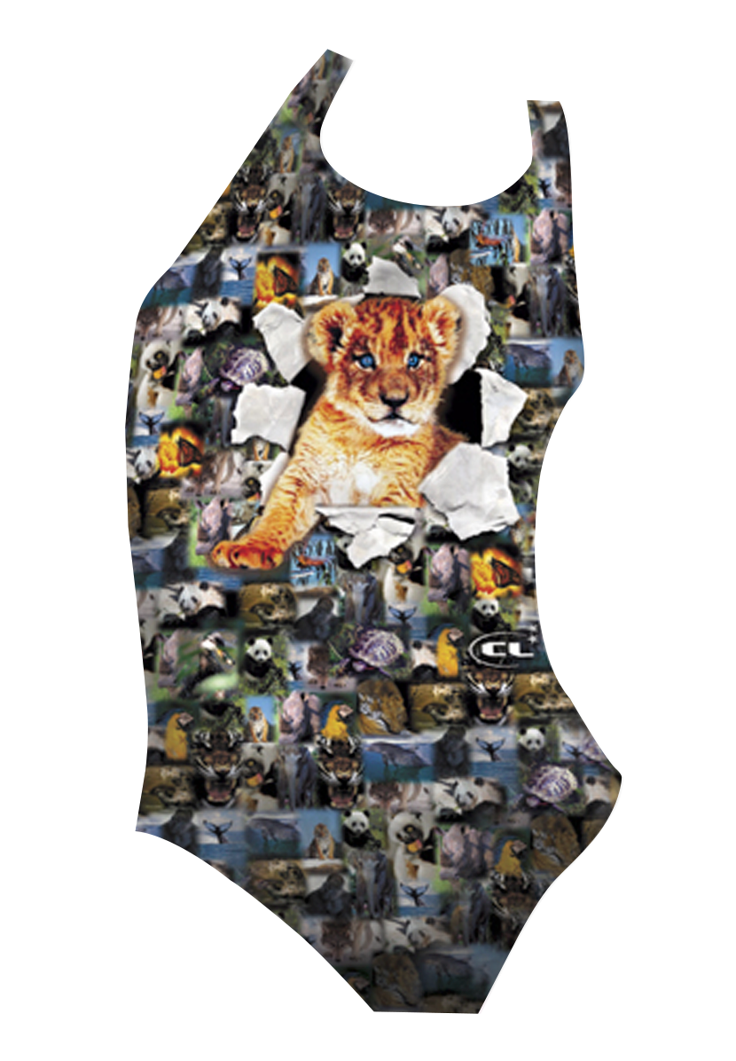 Wildlife girls swimsuit front view, adorable baby tiger print, chlorine-resistant, made in Canada