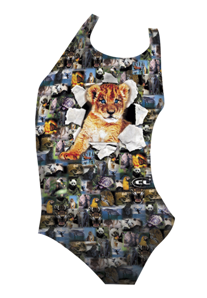 Wildlife girls swimsuit front view, adorable baby tiger print, chlorine-resistant, made in Canada