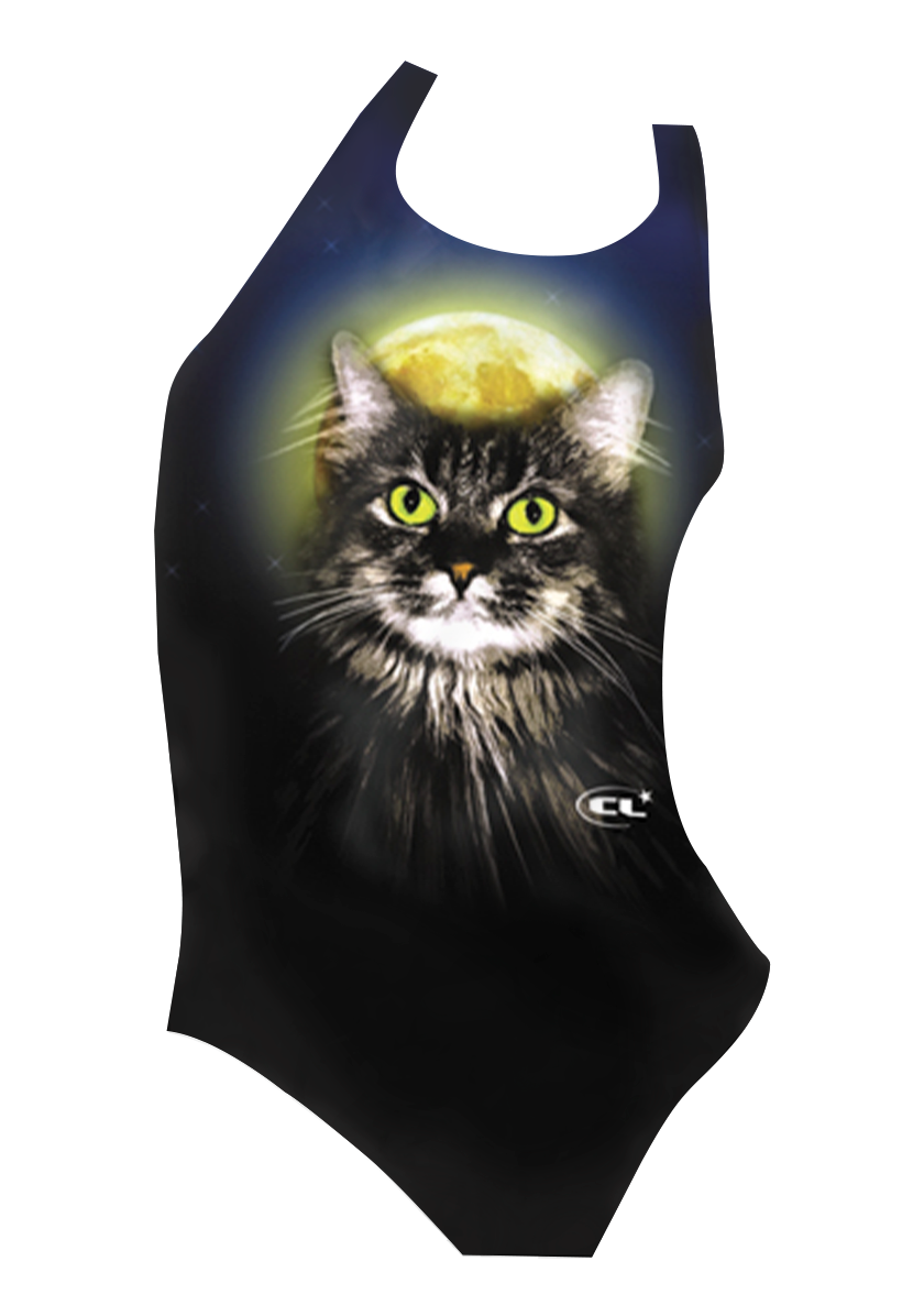 Ziggy the Cat girls swimsuit front view, adorable cat print, chlorine-resistant, made in Canada