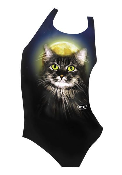 Ziggy the Cat girls swimsuit front view, adorable cat print, chlorine-resistant, made in Canada