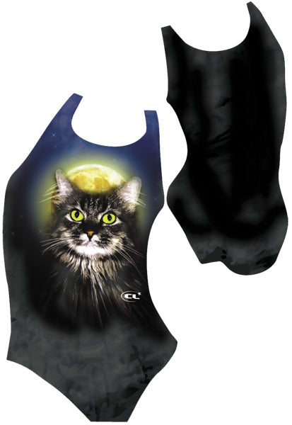 Ziggy the Cat chlorine-resistant girls swimsuit, playful cat design, Canadian made activewear
