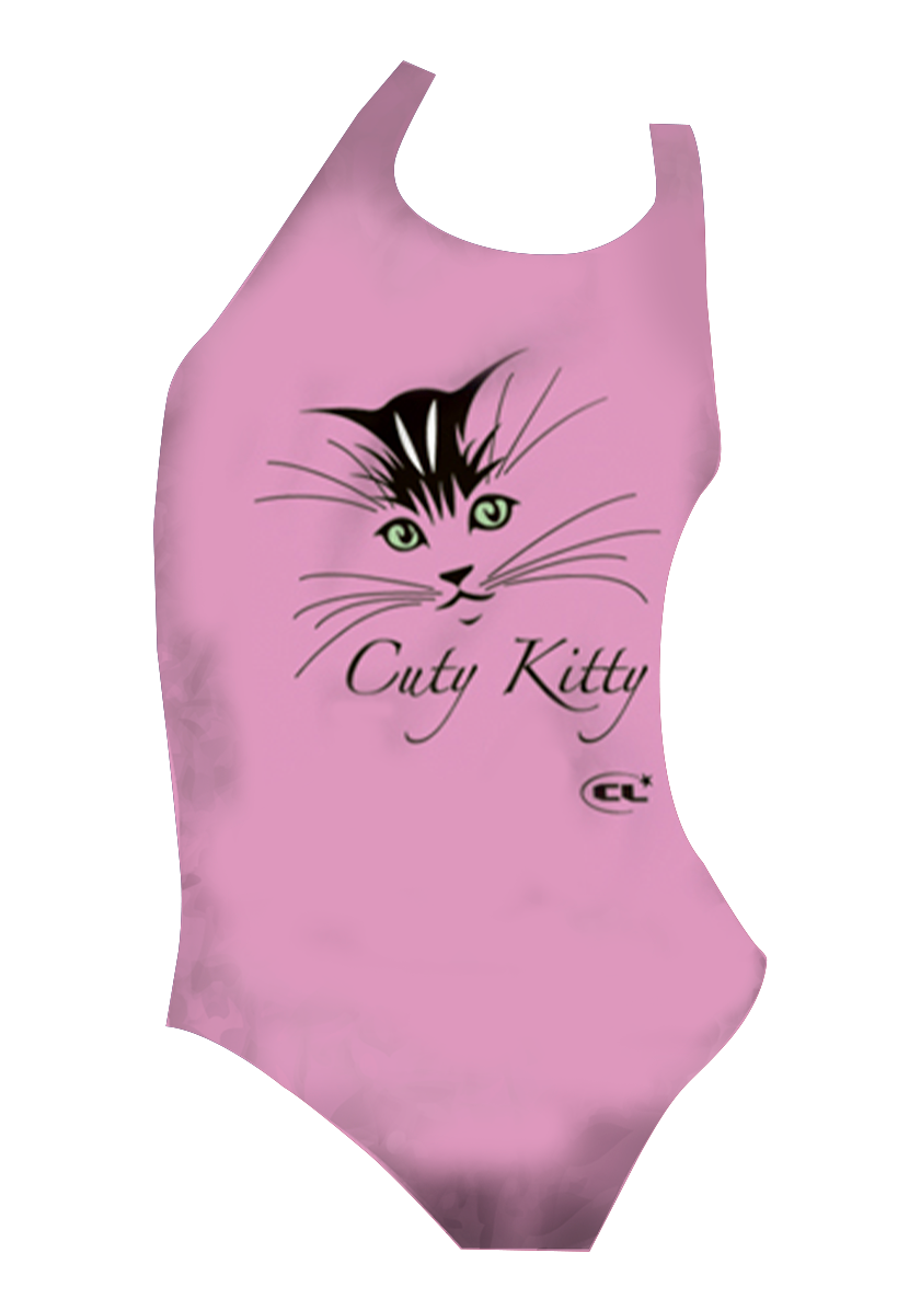 Cat Kitty pink girls swimsuit front view, pink cat print, chlorine-resistant, made in Canada