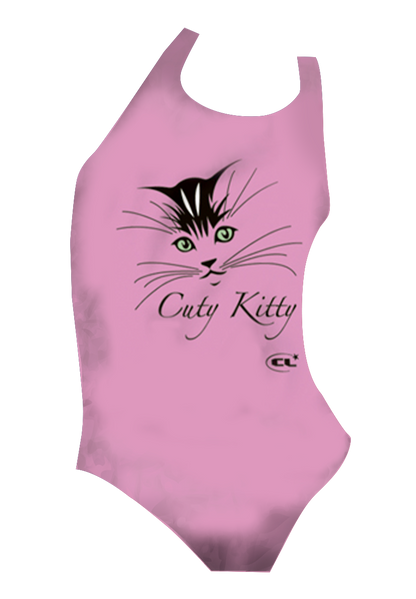 Cat Kitty pink girls swimsuit front view, pink cat print, chlorine-resistant, made in Canada
