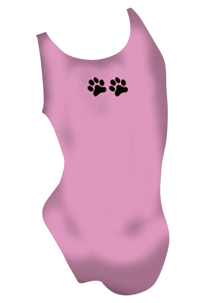Cat Kitty girls swimsuit front view, pink cat print, chlorine-resistant made in Canada