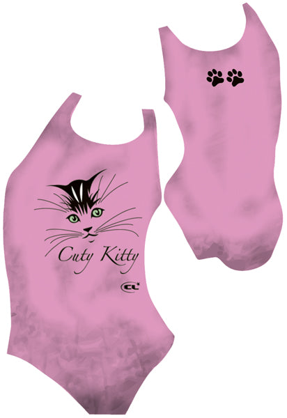 Cat Kitty chlorine-resistant pink girls swimsuit, cute cat design, Canadian made activewear