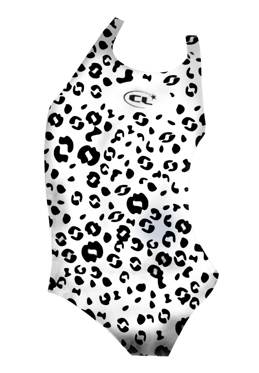 Patches girls swimsuit front view, black and white dalmatian print, chlorine-resistant, made in Canada