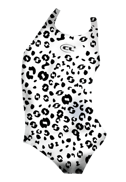 Patches girls swimsuit front view, black and white dalmatian print, chlorine-resistant, made in Canada
