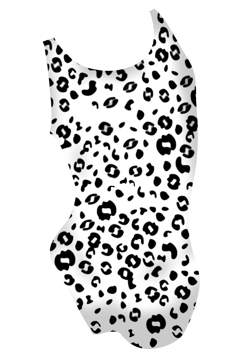 Patches girls swimsuit back view, dalmatian dye sublimation print, made in Canada
