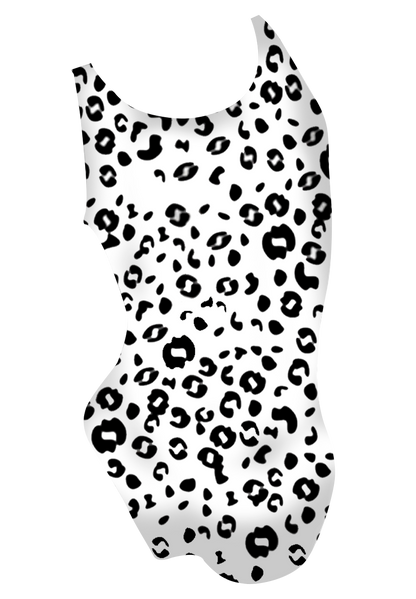 Patches girls swimsuit back view, dalmatian dye sublimation print, made in Canada