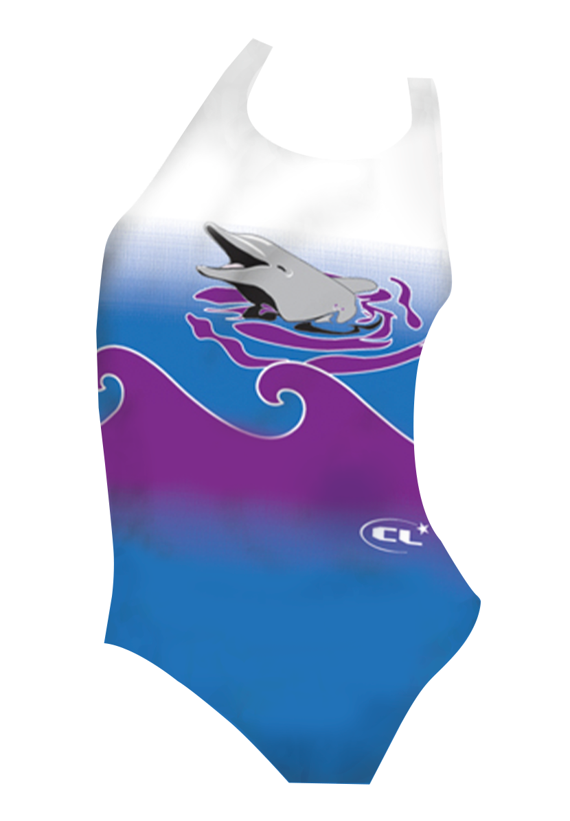 Dolphy girls swimsuit front view, vibrant purple dolphin print, chlorine-resistant, made in Canada