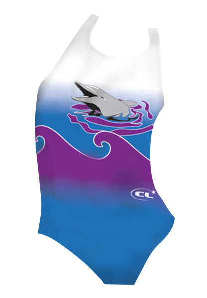 Dolphy girls swimsuit front view, vibrant purple dolphin print, chlorine-resistant, made in Canada