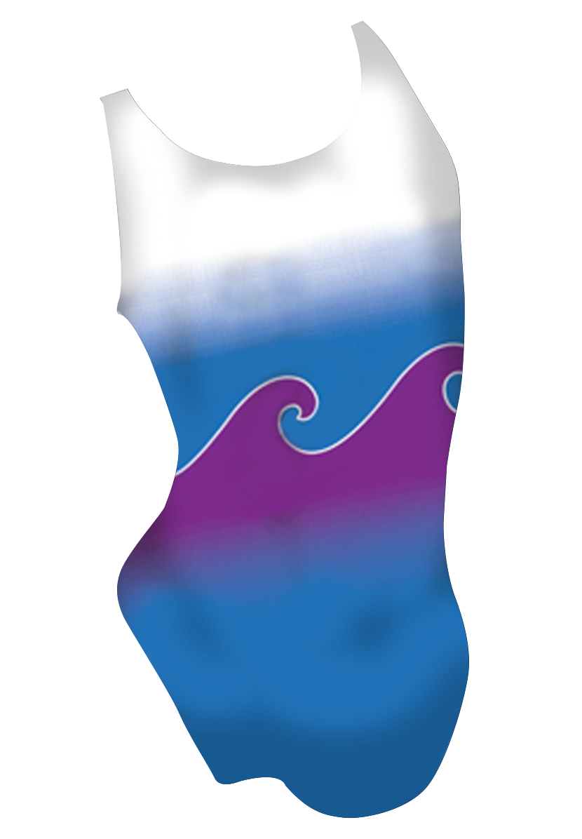 Dolphy girls swimsuit back view, purple dolphin dye sublimation print, made in Canada