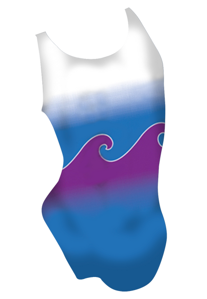 Dolphy girls swimsuit back view, purple dolphin dye sublimation print, made in Canada