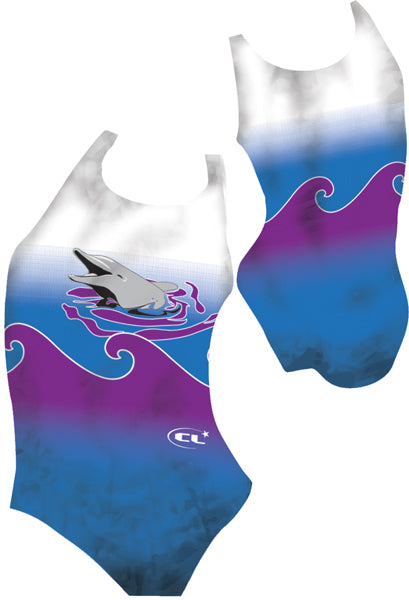 Dolphy chlorine-resistant girls swimsuit, playful purple dolphin design, Canadian made activewear
