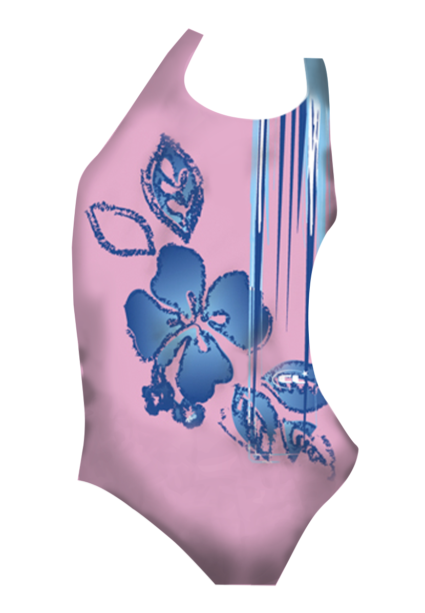 Lagoon girls swimsuit front view, vibrant hibiscus flower print, chlorine-resistant, made in Canada