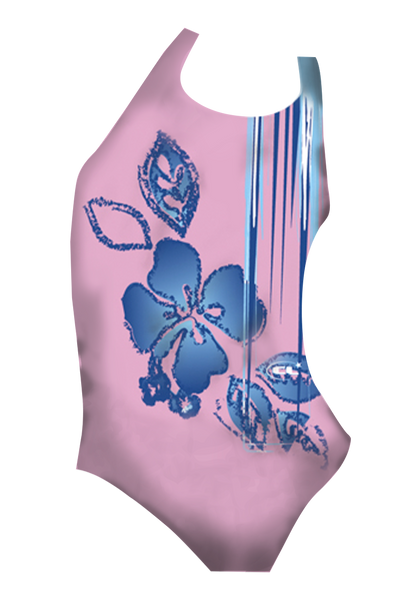 Lagoon girls swimsuit front view, vibrant hibiscus flower print, chlorine-resistant, made in Canada