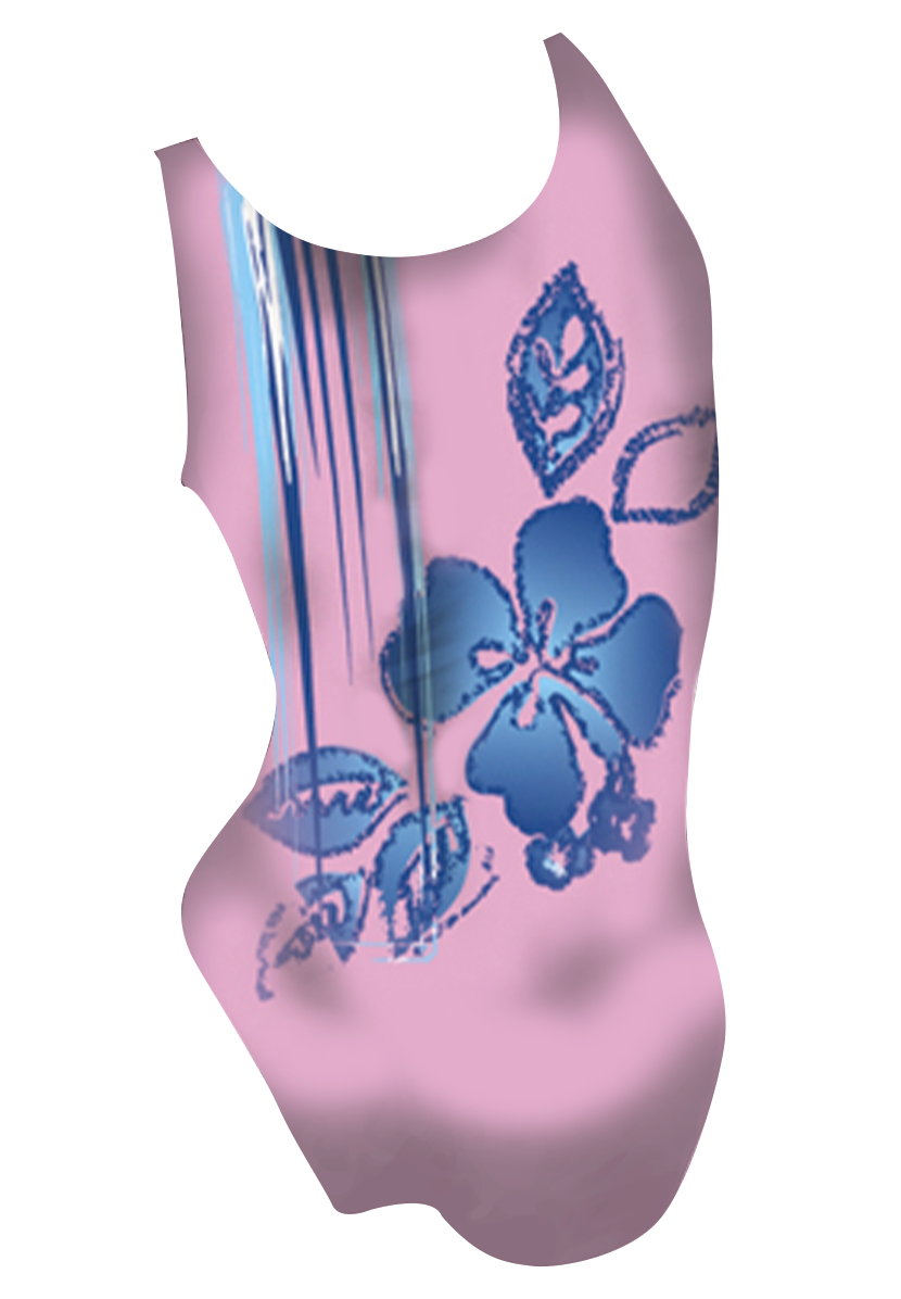 Lagoon girls swimsuit back view, Hawaiian hibiscus dye sublimation print, made in Canada