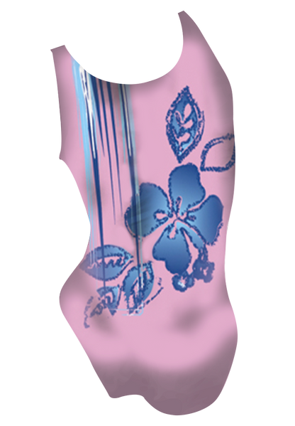 Lagoon girls swimsuit back view, Hawaiian hibiscus dye sublimation print, made in Canada