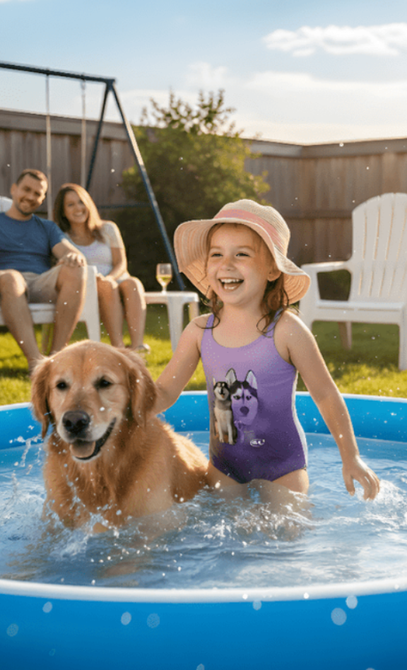 Huskies girls one-piece swimsuit with husky dog print, model by pool, made in Canada
