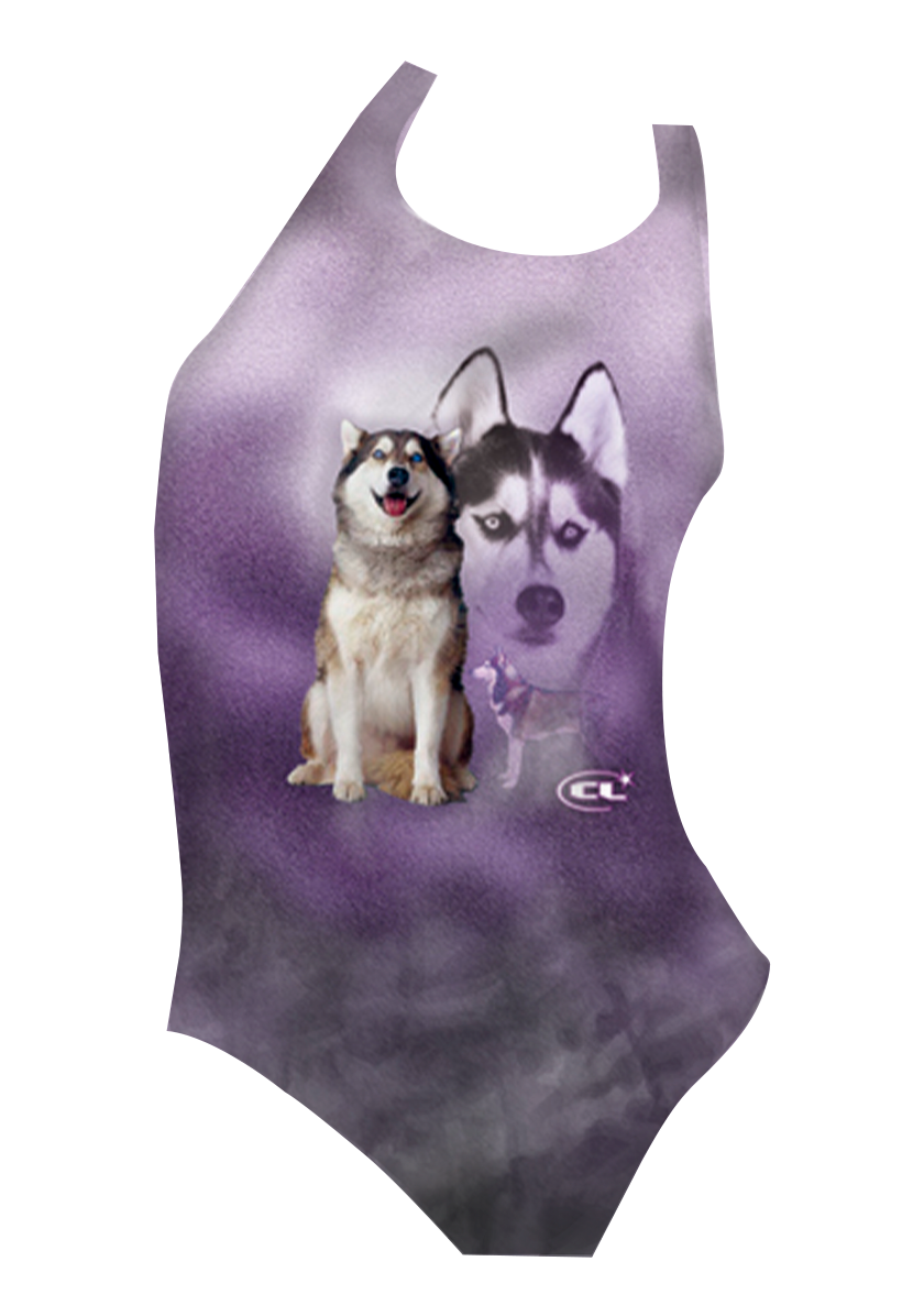 uskies girls swimsuit front view, vibrant husky dog print, chlorine-resistant, made in Canada