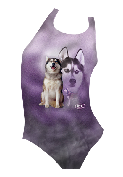 uskies girls swimsuit front view, vibrant husky dog print, chlorine-resistant, made in Canada