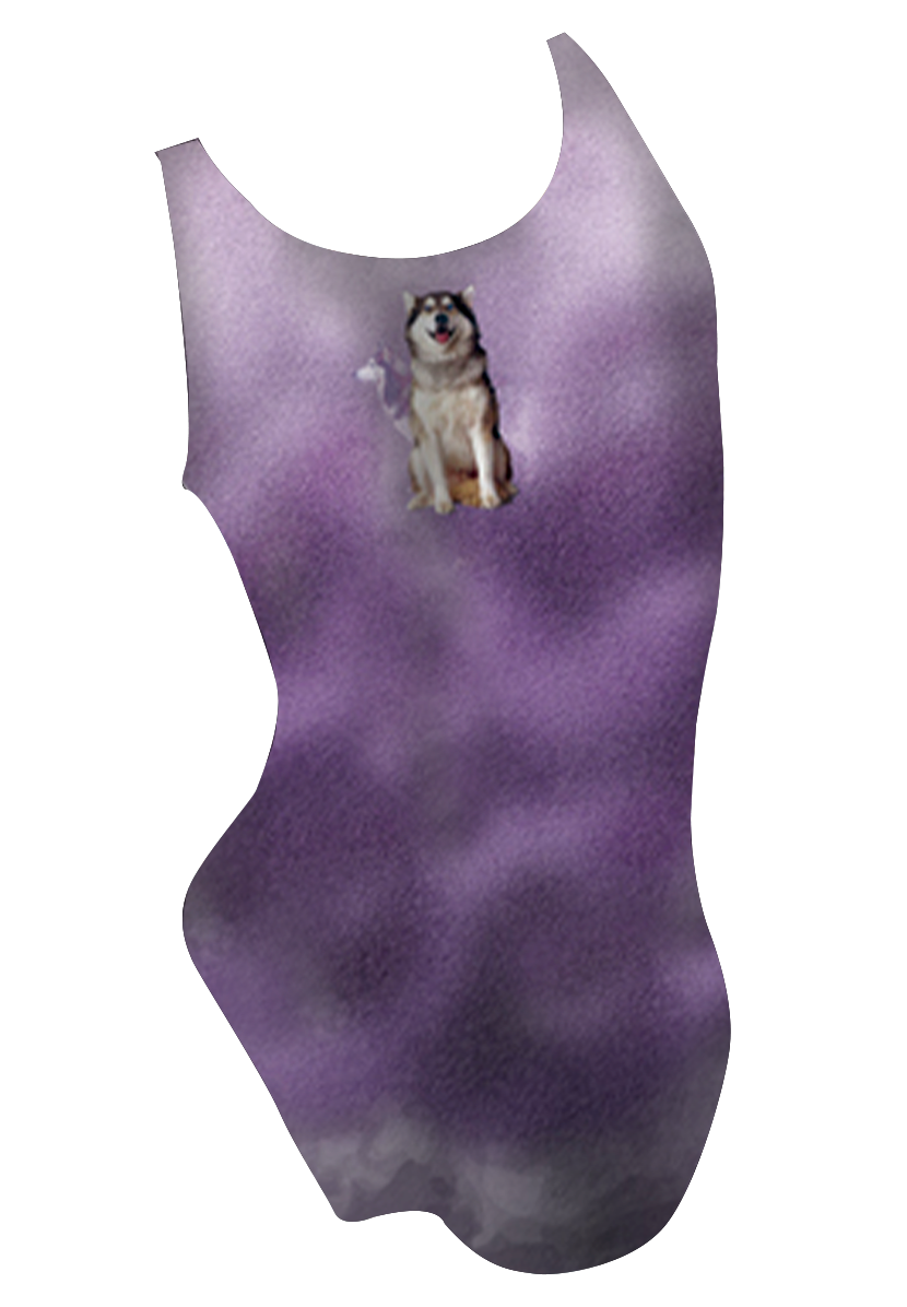 Huskies girls swimsuit back view, husky dog dye sublimation print, made in Canada