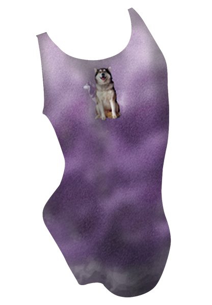 Huskies girls swimsuit back view, husky dog dye sublimation print, made in Canada