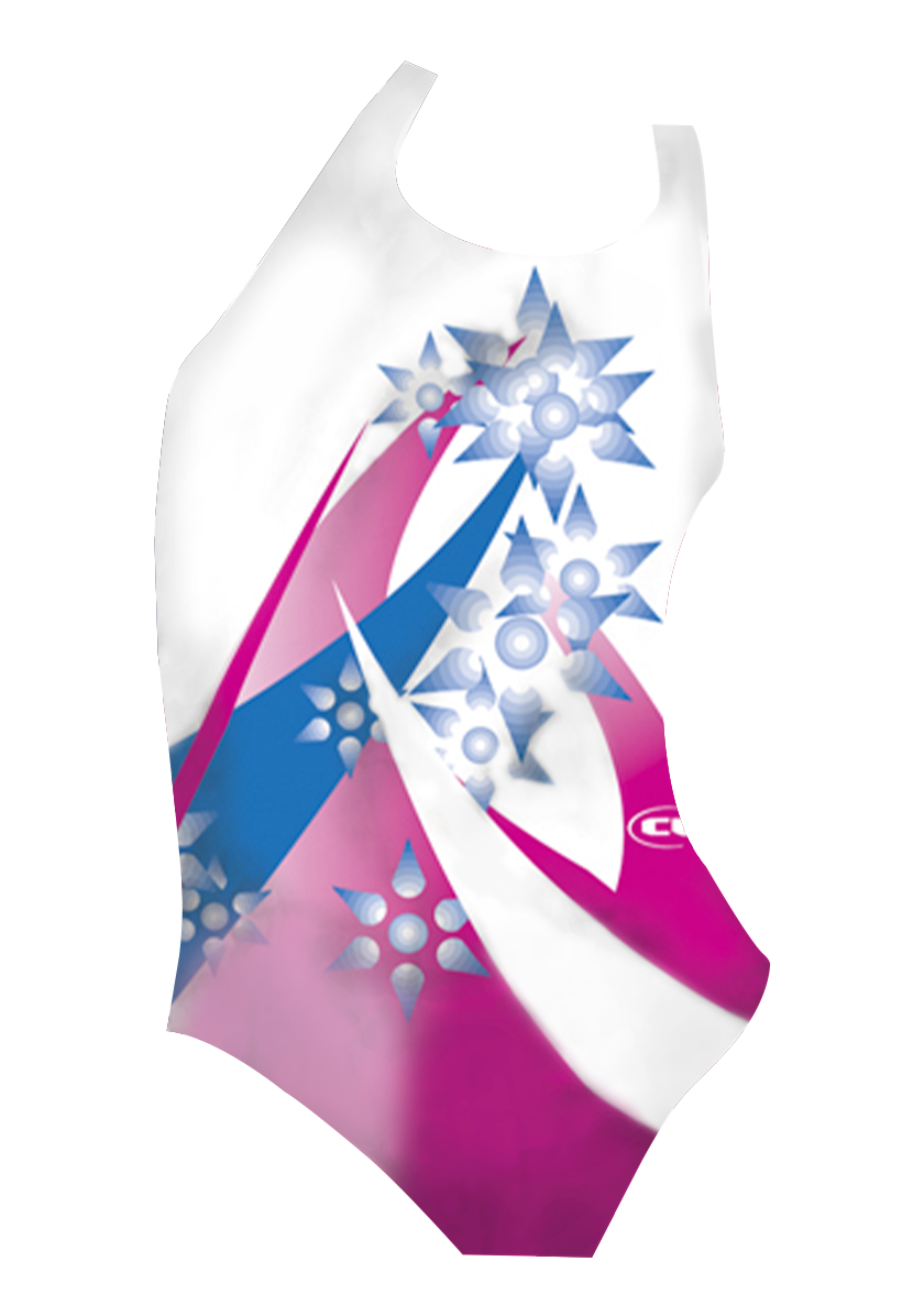 Comet girls swimsuit front view, vibrant Japanese-inspired print, chlorine-resistant, made in Canada